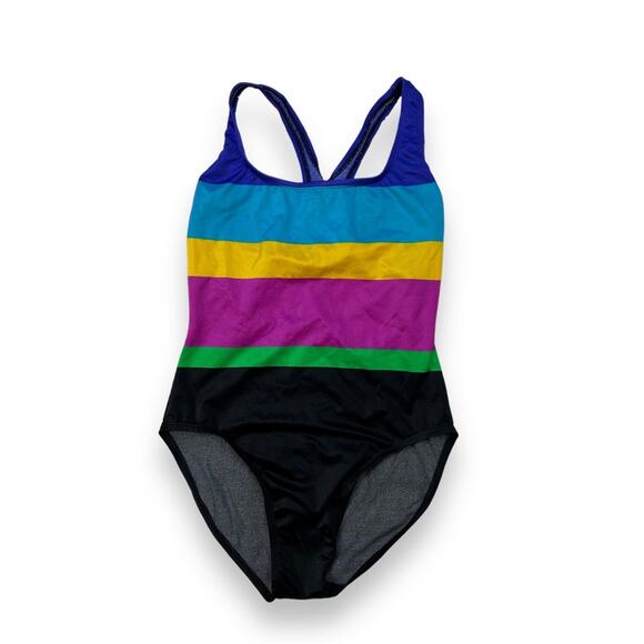 Vintage 1980 windmills Swimwear Rainbow Striped Swimsuit Bathing suit size 12 - Picture 1 of 4